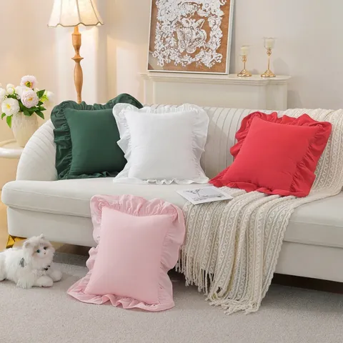 Taie d'Oreiller Carrée à Volants en Coton Lavé Housse de Coussin Décorative Canapé Salon Nordique Couleur Unie