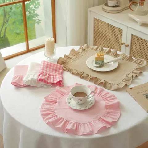 Set de Table en Coton à Volants Lavable Résistant à la Chaleur Décoratif Style Français Vichy Couleur Unie Rond Rectangulaire
