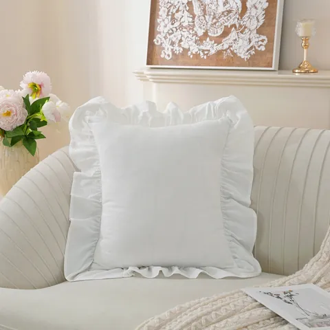 Taie d'Oreiller Carrée à Volants en Coton Lavé Housse de Coussin Décorative Canapé Salon Nordique Couleur Unie