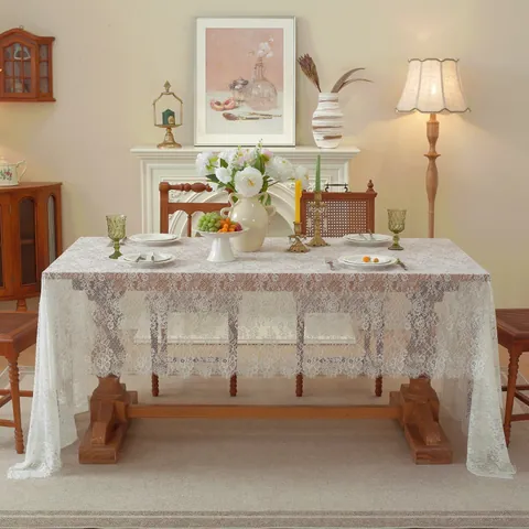 Vintage Off White Rose Floral Lace Tablecloth Rectangular Hollow Out Nylon Table Cover For Wedding Party Dining Room Decor