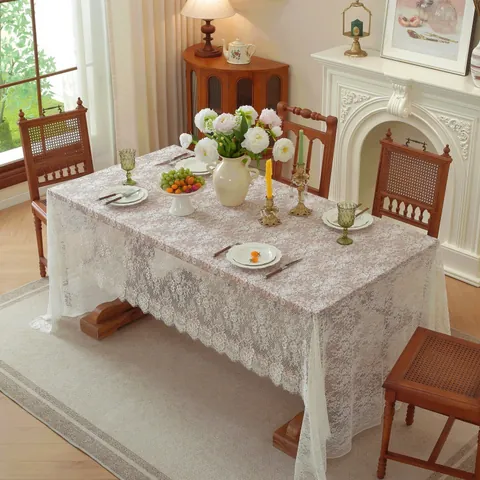 Vintage Off White Rose Floral Lace Tablecloth Rectangular Hollow Out Nylon Table Cover For Wedding Party Dining Room Decor