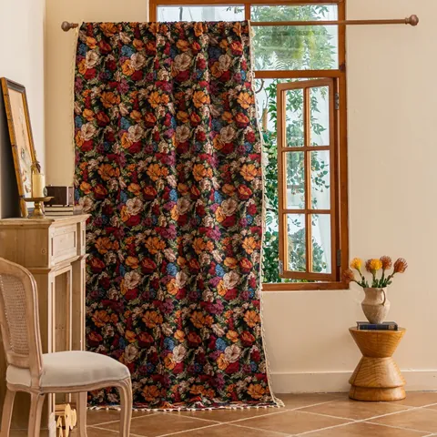 American Vintage Rose Sunflower Pumpkin Floral Curtains Cotton Blend Semi-Shading Tassel Window Drapes For Home Bedroom Decor