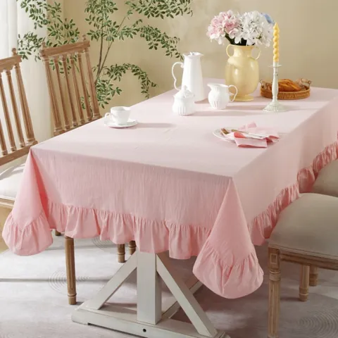 Nappe en Coton Lavé Avec Bord à Volants pour Table à Manger Table à Thé Style INS Couleur Unie Motif à Carreaux Housse de Table de Cuisine Décoration de Maison