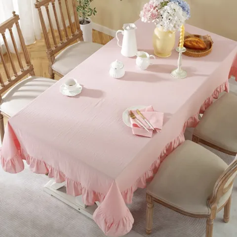 Nappe en Coton Lavé Avec Bord à Volants pour Table à Manger Table à Thé Style INS Couleur Unie Motif à Carreaux Housse de Table de Cuisine Décoration de Maison