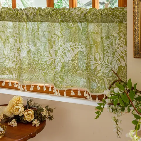 Amerikaanse Retro Polyester Katoen Botanisch Kort Gordijn Voor Keuken Café Kast Decoratie Semi-verduistering Kwastjes