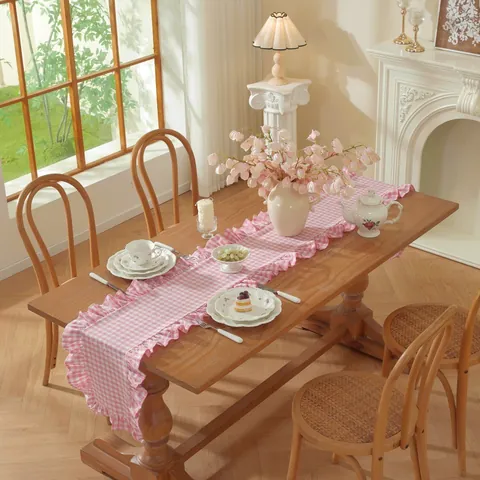 Franse Vintage Gewassen Katoen Tafelloper Met Randeigenschappen Geruit En Effen Kleuren Voor Buiten Bruiloft Huis Feest Tafel Decoratie