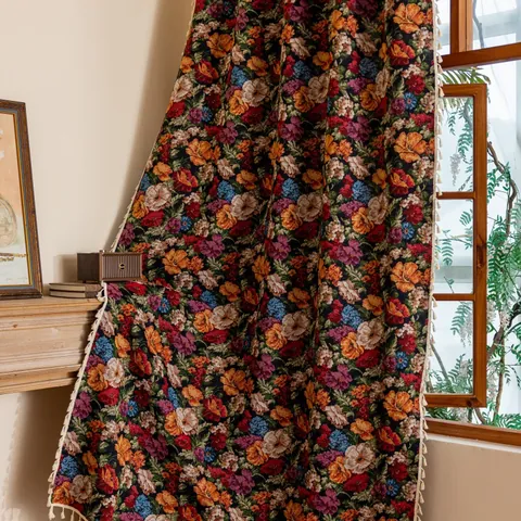 American Vintage Rose Sunflower Pumpkin Floral Curtains Cotton Blend Semi-Shading Tassel Window Drapes For Home Bedroom Decor