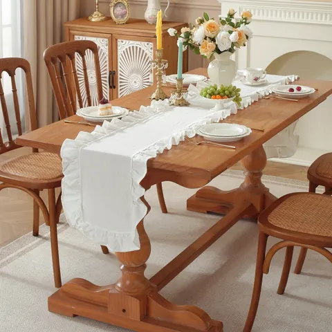 Runner da Tavolo in Cotone Stile Country Francese Con Volant Tinta Unita a Quadri Decorazione Tavola per Matrimonio Casa