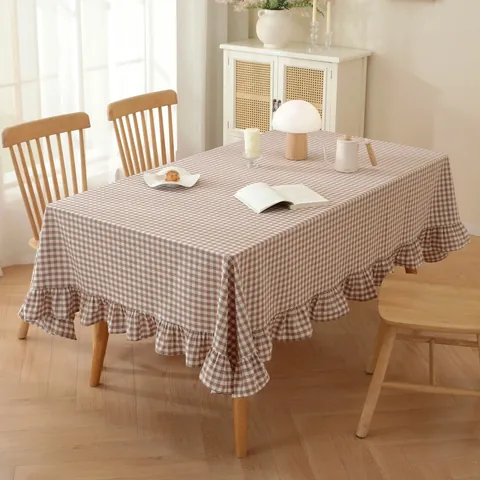 Pastoral Washed Cotton Gingham Plaid Tablecloth With Ruffle Edge Rectangular Round Table Cover For Dining Room Kitchen Decor