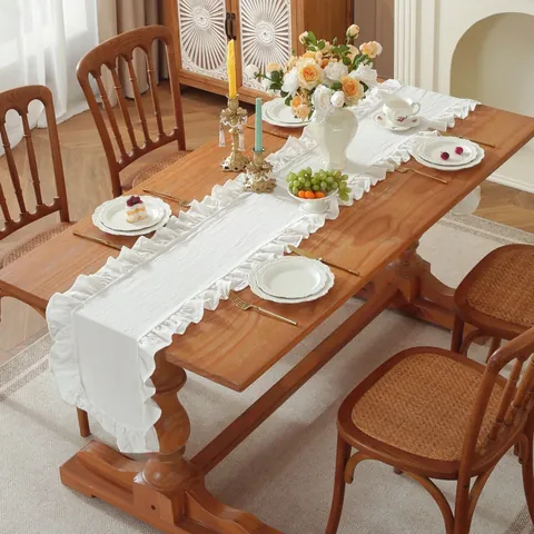 Runner da Tavolo in Cotone Stile Country Francese Con Volant Tinta Unita a Quadri Decorazione Tavola per Matrimonio Casa