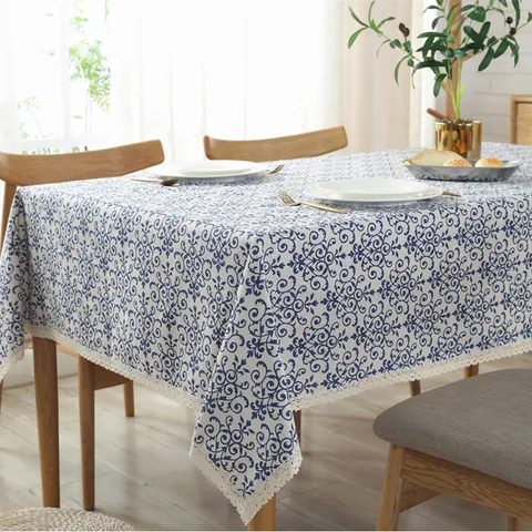 Cotton Linen Tablecloth With Lace Tassel Edge Nordic Geometric Floral Leaf Print Rectangular Table Cover For Dining Room Kitchen Home Decor
