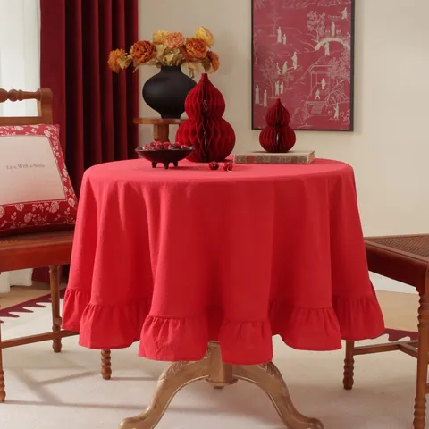 Französische Vintage Runde Baumwolle Tischdecke Mit Eleganten Rüschen Kante Einfarbig Gitter Gestreifte Abdeckung Für Heim Dekoration
