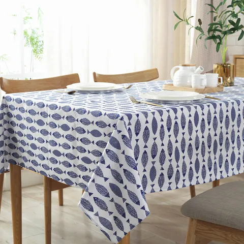 Mantel de Algodón y Lino Mediterráneo Patrón de Pez Azul Antipolvo Decorativo para Mesa de Comedor Cocina Hogar