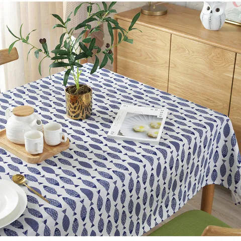 Mantel de Algodón y Lino Mediterráneo Patrón de Pez Azul Antipolvo Decorativo para Mesa de Comedor Cocina Hogar