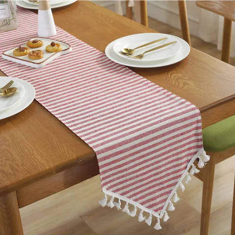 Striped Cotton Linen Table Runner With Tassels Nordic Minimalist Farmhouse Style Table Cover For Wedding Party Home Decor