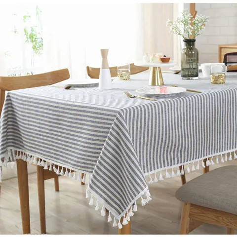 Japanse Stijl Minimalistisch Katoen Linnen Gestreepte Tafelkleed Met Kwasten Rechthoekig Rond Tafelkleed Voor Keuken Eetkamer Huis Decoratie