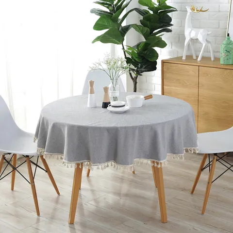 Nordisch Minimalistische Runde Tischdecke Einfarbig Faux Baumwolle Leinen Tischtuch Mit Quastenfransen Kante Für Esszimmer Küche Haus Dekor