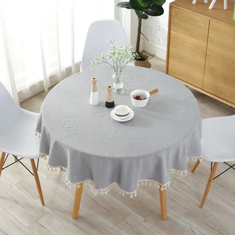 Nordisch Minimalistische Runde Tischdecke Einfarbig Faux Baumwolle Leinen Tischtuch Mit Quastenfransen Kante Für Esszimmer Küche Haus Dekor