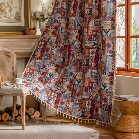 Boheemse Etnische Jacquard Gordijn Met Kwastjes Voor Woonkamer Slaapkamer Halfverduisterend Katoen Linnen Bloemen Geometrisch Patroon Gordijnpaneel