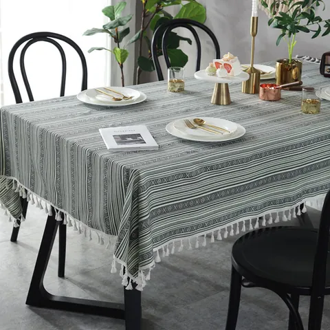Mantel Bohemio a Rayas Verde Grisáceo de Algodón y Lino Geométrico con Borlas Rectangular para Decoración del Hogar