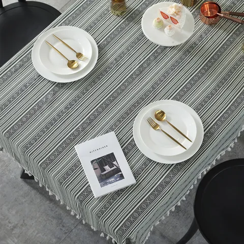 Mantel Bohemio a Rayas Verde Grisáceo de Algodón y Lino Geométrico con Borlas Rectangular para Decoración del Hogar