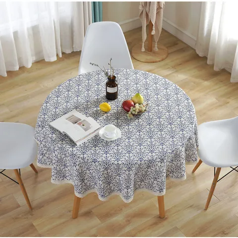 Vintage Rond Tafelkleed Katoen Linnen Blauw Bloemenpatroon Krulprint Met Kantafwerking Huis Keuken Eettafel Decor Stofdichte Hoes