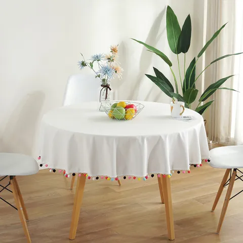 Round Tablecloth Cotton Linen Blend Nordic Minimalist Style Table Cover With Colorful Pom Pom Trim For Dining Room Party