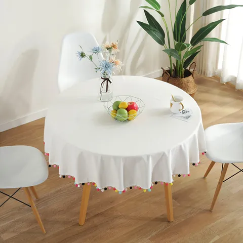 Round Tablecloth Cotton Linen Blend Nordic Minimalist Style Table Cover With Colorful Pom Pom Trim For Dining Room Party