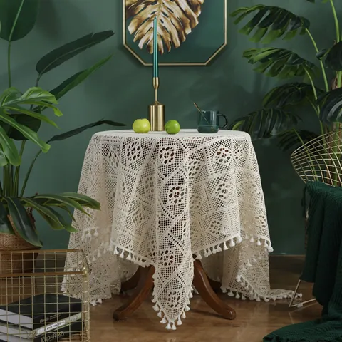 Amerikaanse Pastorale Handgemaakte Gehaakte Tafelkleed Vintage Geometrische Opengewerkte Katoen Tafelkleed Met Kwastjes Thuis Decor