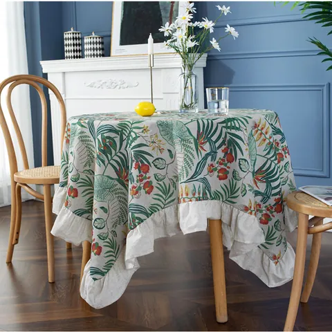 Runde Baumwollleinen Tischdecke Rüschenkante Europäischer Retro Tropisches Blumenmuster Dekorative Tischtuch Haus Dekor