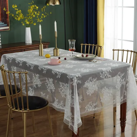 Vintage Europese Witte Kant Tafelkleed Rechthoekig Opengewerkt Bloemen Acryl Tafelkleed Voor Salontafel Home Decor