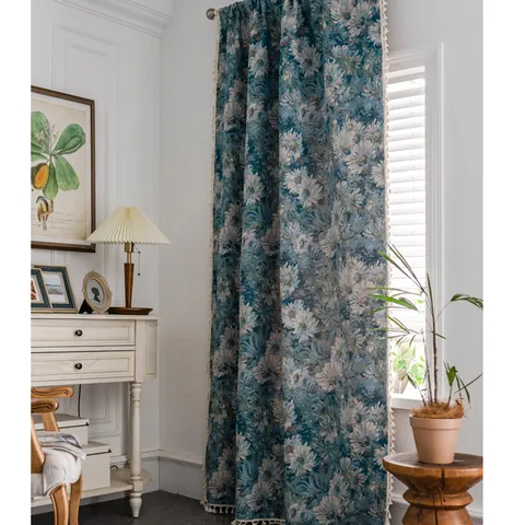 American Vintage Daisy Floral Jacquard Cotton Linen Curtain With Tassel Fringe Semi Shading Window Treatment For Home Bedroom