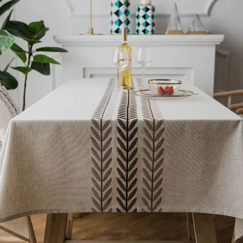 Nordic Embroidered Tablecloth Linen Look Polyester Geometric Diamond Leaves Dining Table Cover For Home Kitchen Square Rectangle Decor