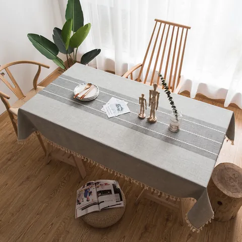Nordic Cotton Linen Rectangular Tablecloth With Tassel Fringe Embroidered Geometric Stripe Dustproof Table Cover For Dining Room