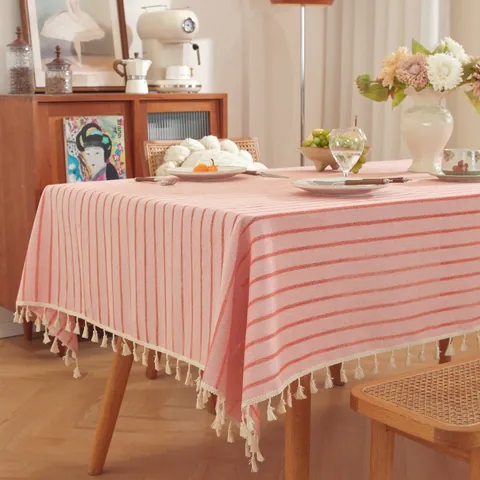 Noords Minimalistisch Gestreept Tafelkleed Rechthoekig Polyester-Katoenmix Linnen Textuur Stofdicht Tafeldekking Met Kwast Voor Keuken Dineren Picknick Huisdecoratie