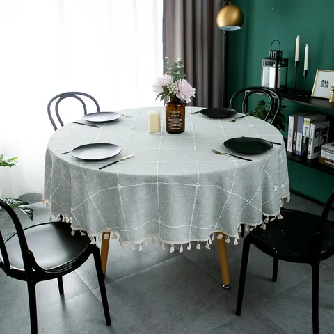 Modern Simple Round Tablecloth Grid Pattern With Tassel Chemical Fiber Dustproof Table Cover For Home Dining Room Decoration