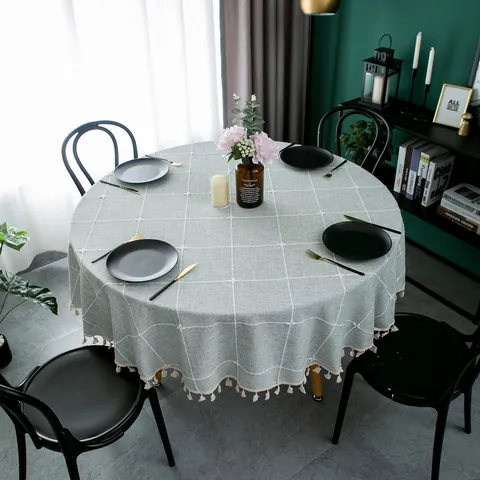 Modern Simple Round Tablecloth Grid Pattern With Tassel Chemical Fiber Dustproof Table Cover For Home Dining Room Decoration