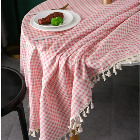 Mantel Redondo Nórdico de Algodón y Lino a Cuadros Patrón Geométrico Con Borlas Para Mesa de Comedor Decoración del Hogar Mantel de Cocina