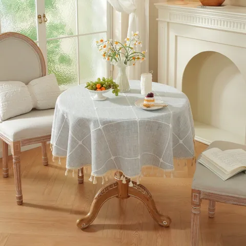 Mantel Redondo Bordado Nórdico Con Borde de Borlas Patrón de Cuadrícula Mezcla de Poliéster y Algodón Decoración de Comedor Fiesta