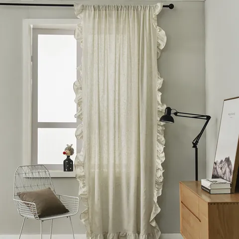 Rideaux en Coton et Lin Minimalistes Nordiques Avec Bord à Volants en Feuille de Lotus Style Français Semi-Occultant Couleur Unie Traitement de Fenêtre Pour Salon Chambre Cuisine