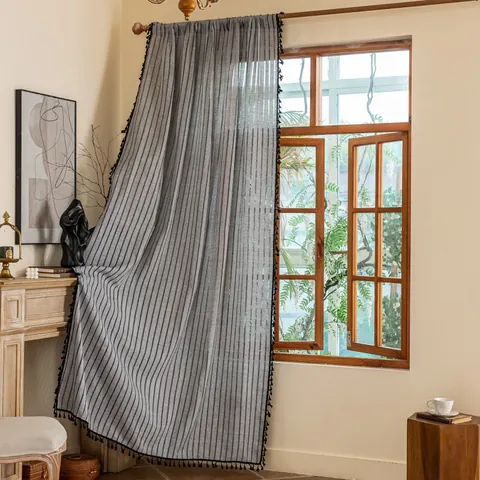 Boheemse Gestreepte Opengewerkte Kant Gordijnen Met Kwastje Rod Pocket Haak Grommet Voor Woonkamer Slaapkamer Decoratie