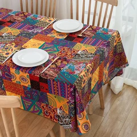 Tovaglia Stampata Patchwork Multicolore in Stile Etnico Bohemien Copertura per Tavolo Rettangolare in Cotone Lino per Cucina Sala da Pranzo Casa