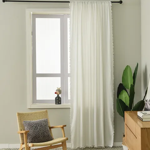 Modern Cotton Linen Pom Pom Trim Curtain Semi Blackout Rod Pocket Hook Window Drape For Bedroom Living Room Home Decor