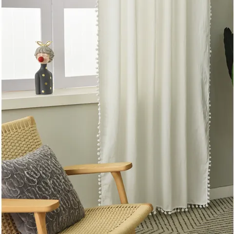 Modern Cotton Linen Pom Pom Trim Curtain Semi Blackout Rod Pocket Hook Window Drape For Bedroom Living Room Home Decor
