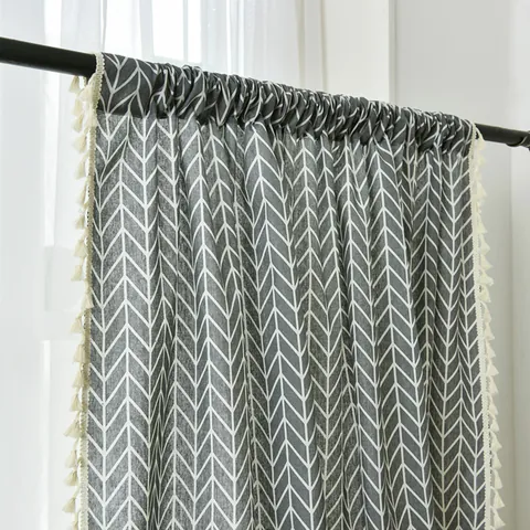 Nordic Cotton Linen Curtains Geometric Arrow Pattern With Tassels Semi Shading Window Drapes For Living Room Bedroom