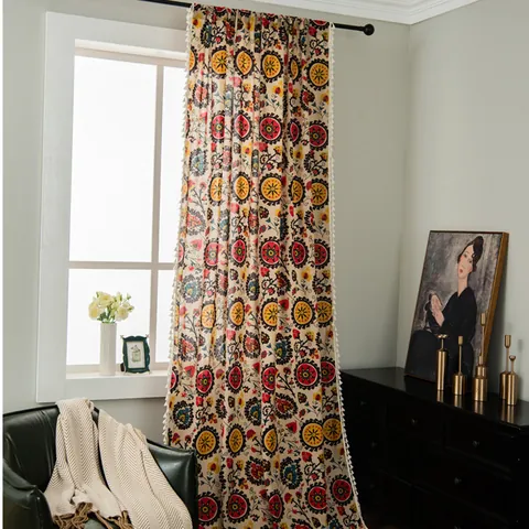 Bohemian Ethnic Cotton Linen Curtain With Tassels Mandala Floral Pattern Semi Shading Window Drapes For Living Room Bedroom