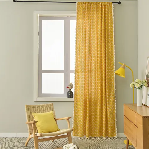 Cortinas Minimalistas Nórdicas de Algodón y Lino con Cuadros y Borlas Rejilla Geométrica Estampada Semisombra Amarillo para Dormitorio Sala