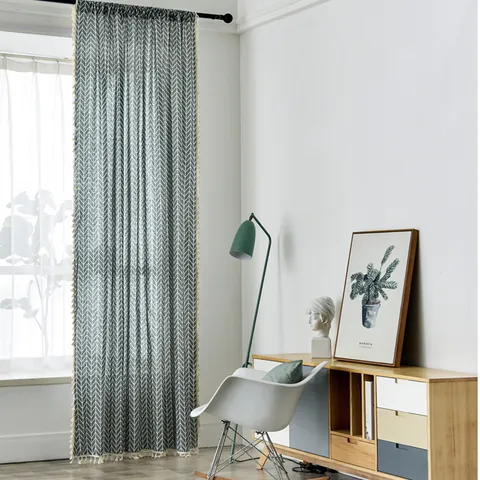 Nordic Cotton Linen Curtains Geometric Arrow Pattern With Tassels Semi Shading Window Drapes For Living Room Bedroom