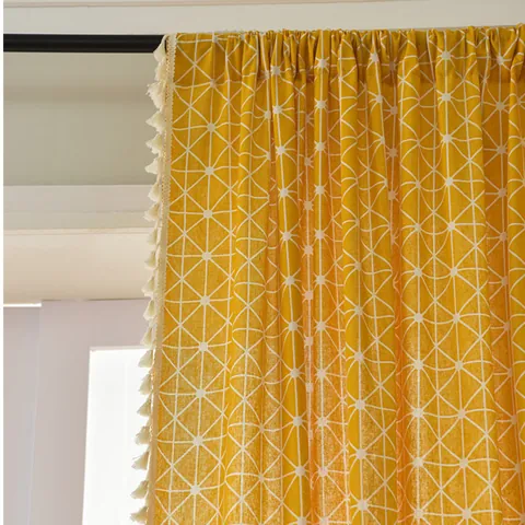 Cortinas Minimalistas Nórdicas de Algodón y Lino con Cuadros y Borlas Rejilla Geométrica Estampada Semisombra Amarillo para Dormitorio Sala