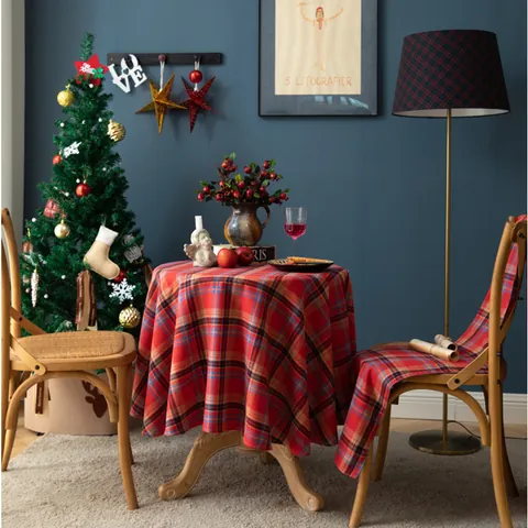 Nordisch Vintage Weihnachten Schottenkaro Rund Tischdecke Baumwolle Leinen Rot Grün Plaid Tischdecke Für Esszimmer Zuhause Party Dekoration
